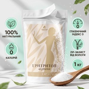 Інфографіка натурального цукрозамінника Еритритол Їжеко 1 кг: 0 ккал, глікемічний індекс 0, zip-пакет
