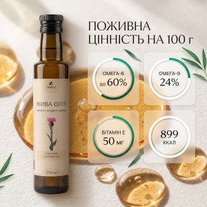 Інфографіка вмісту жирних кислот Омега-6, Омега-9 та вітаміну E в олії розторопші Їжеко
