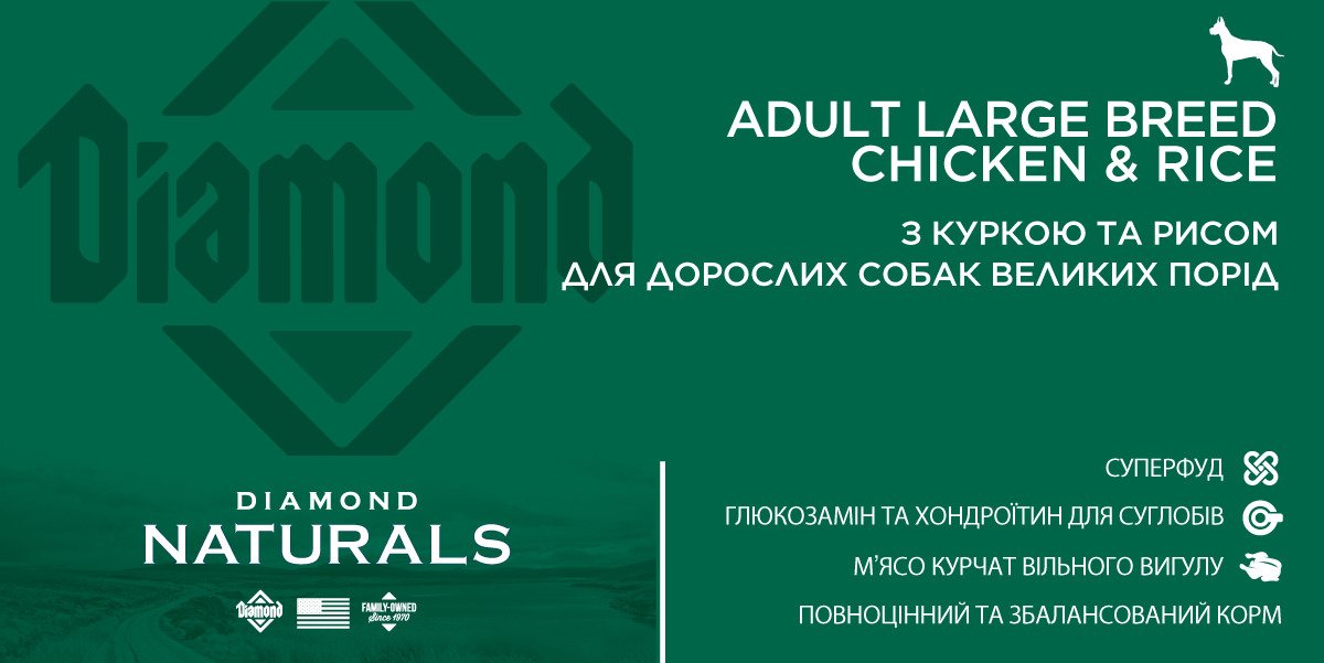 Сухий корм для дорослих собак великих порід Diamond Naturals Adult Large Breed Chicken & Rice, 15 кг