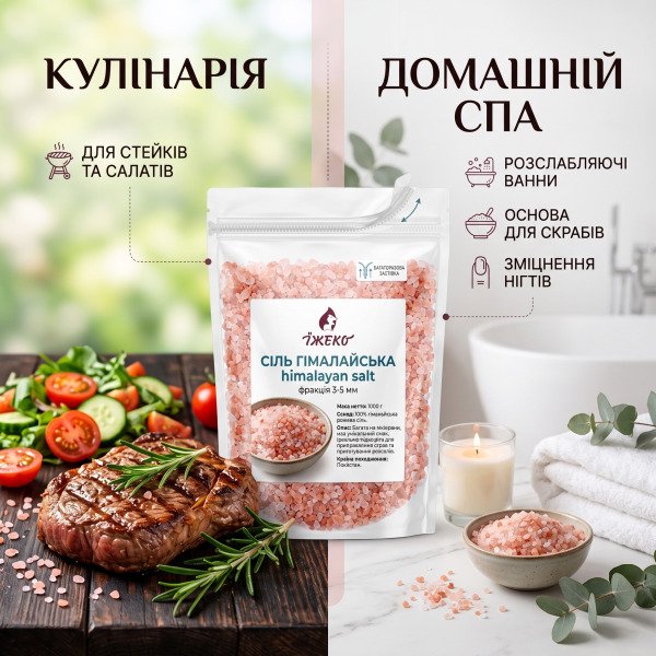 Інфографіка застосування рожевої солі Їжеко: приготування м'яса, риби, сольові ванни для релаксу та скраби