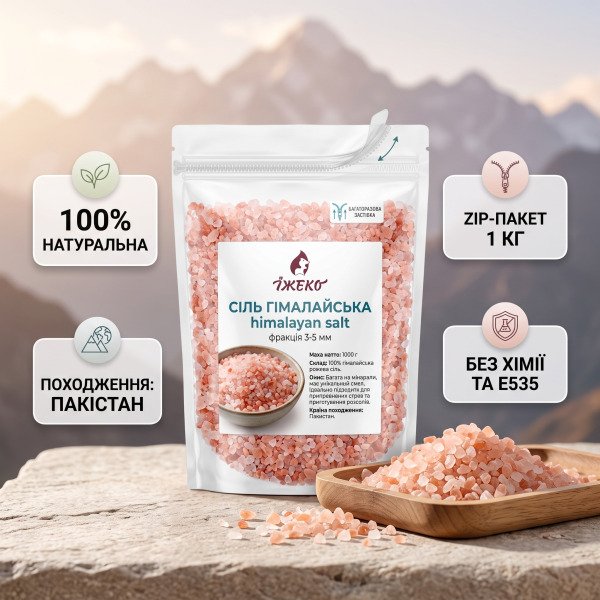 Інфографіка рожевої гімалайської солі Їжеко 1 кг: походження з Пакистану, без антизлежувачів E535, вологозахисний zip-пакет