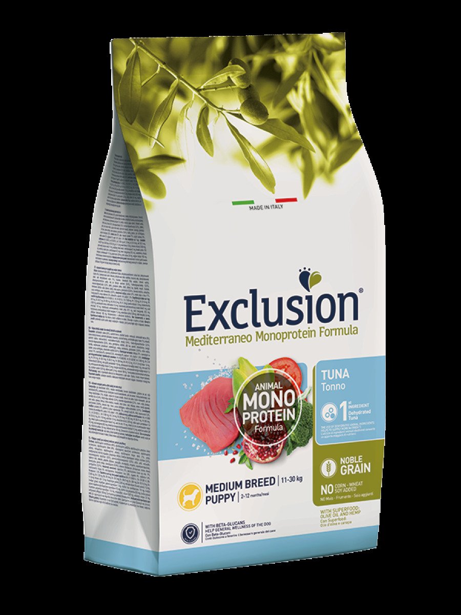  Сухий корм для цуценят середніх порід Exclusion Mediterraneo Puppy Tuna Medium Breed, 12 кг (з тунцем та рисом)