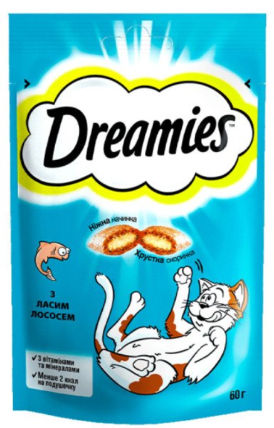 DREAMIES Ласощі Для Котів Хрусткі Подушечки Наповнені Паштетом З Лососем 60 Г
