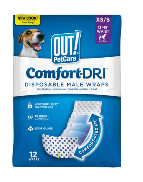 Одноразові гігієнічні підгузки-пояси для собак (кобелів) OUT! PetCare Comfort-Dri Male Wraps XS/S, 12 шт.
