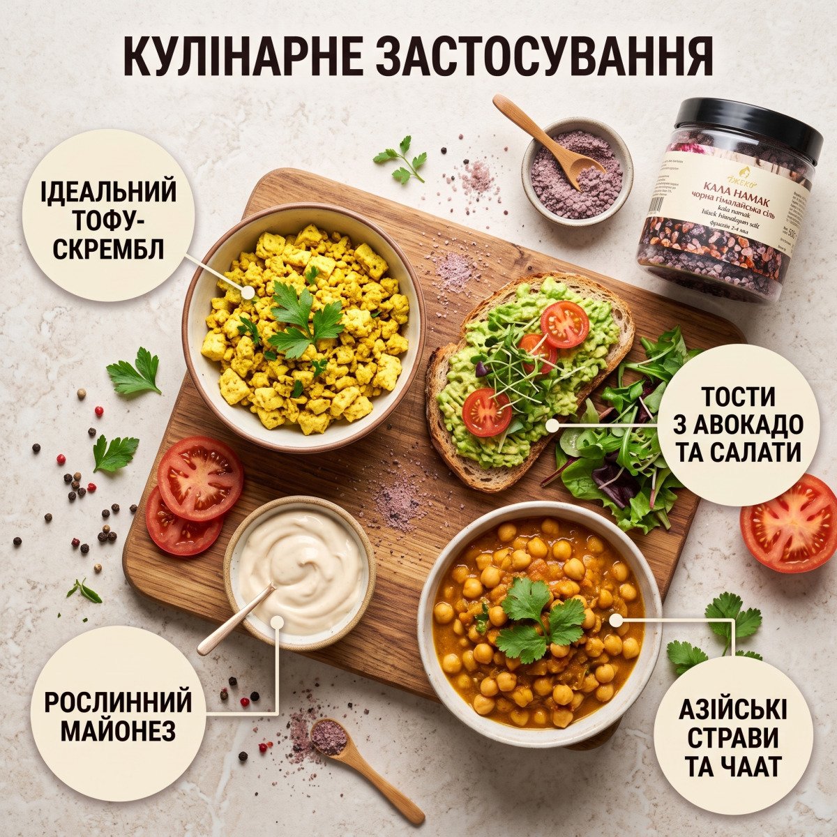 Ідеї страв із чорною гімалайською сіллю Кала Намак Їжеко. Кулінарне використання чорної солі Кала Намак: тофу-скрембл, веганські соуси, тости з авокадо