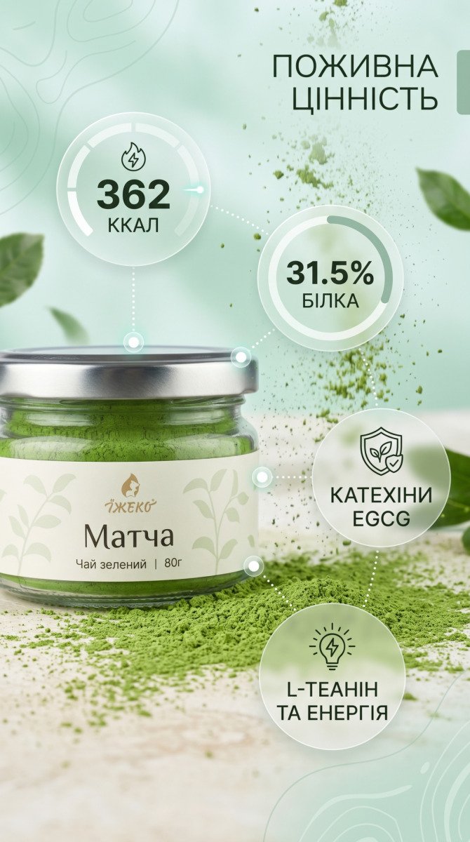 Поживний склад щоденної матчі G3: вміст білка 31.5%, енергія 362 ккал, катехіни та L-теанін