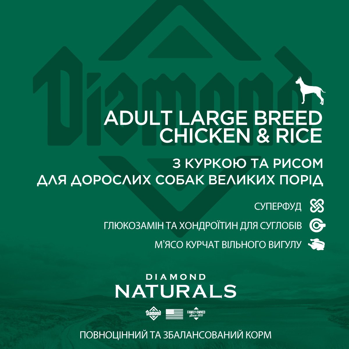 Сухий корм для дорослих собак великих порід Diamond Naturals Adult Large Breed Chicken & Rice, 15 кг