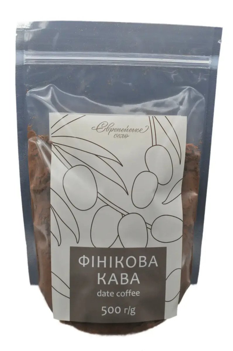 Фінікова кава Європейське село (напій з обсмажених кісточок фініків без кофеїну), 500 г у дой-паку із zip-застібкою