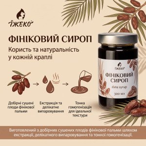 Скляна пляшка фінікового сиропу «Їжеко» 300 мл із графікою етапів виробництва, листям пальми та плодами фініків