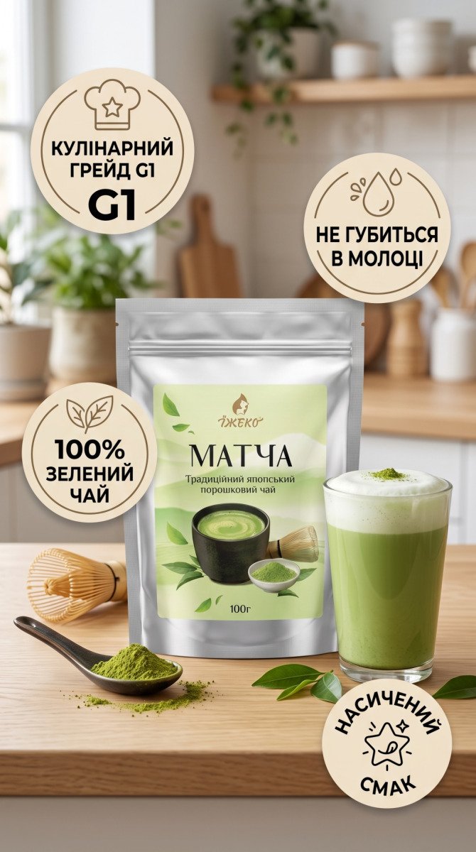 Інфографіка кулінарного зеленого чаю матча G1 Їжеко 100 г: терпкий смак, ідеальний для молока та десертів