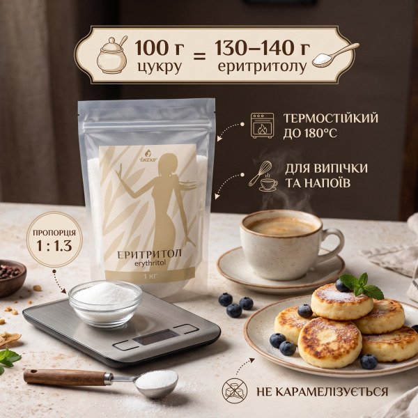 Інфографіка використання еритритолу Їжеко у випічці та напоях: термостійкість до 180 °C, пропорція 1 до 1.3