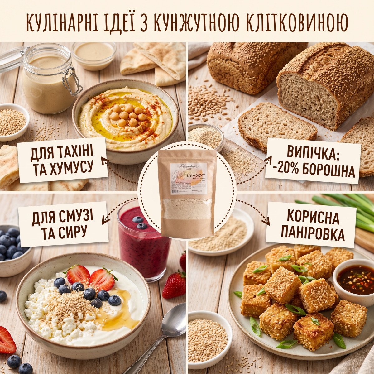 Способи використання кунжутного шроту в домашній випічці, приготуванні хумусу, тахіні та сніданків
