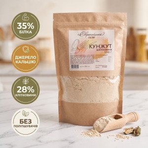Інфографіка кунжутної клітковини 500 г із зазначенням вмісту протеїну 35%, кальцію та клітковини