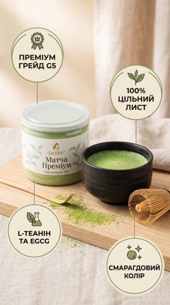 Інфографіка преміального порошкового зеленого чаю матча G5 Їжеко 100 г із характеристиками кольору та користі