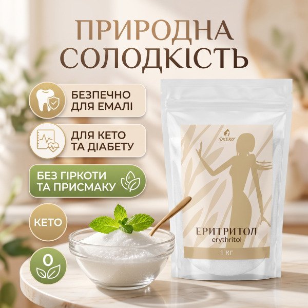 Інфографіка користі еритриту Їжеко: безпечний для зубної емалі, підходить для кето та діабету, без гіркоти