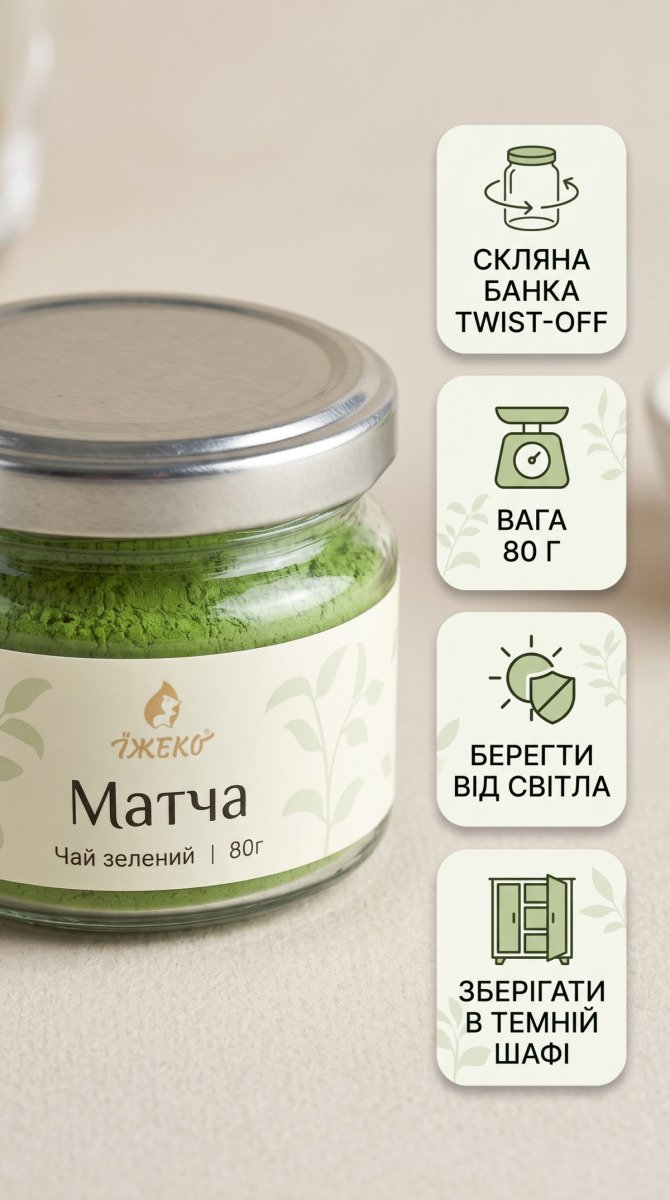 Інфографіка скляної банки twist-off для матчі 80 г та правила захисту від сонячного світла та вологи