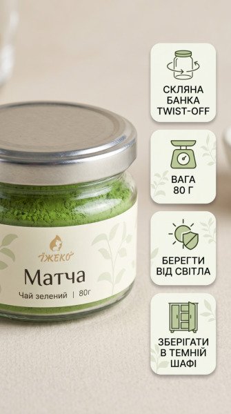 Інфографіка скляної банки twist-off для матчі 80 г та правила захисту від сонячного світла та вологи