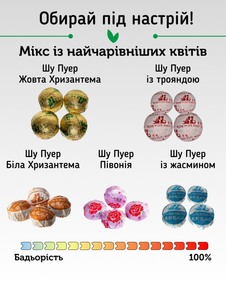 Набір Шу Пуерів «Flower Mix: Квіткова палітра» Міні-точа Сяо То, 20 шт. у дой-паку, 5 смаків