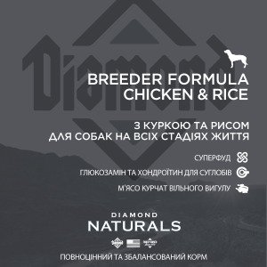 Сухий корм для собак і цуценят Diamond Naturals Breeder Formula Chicken & Rice, 20 кг