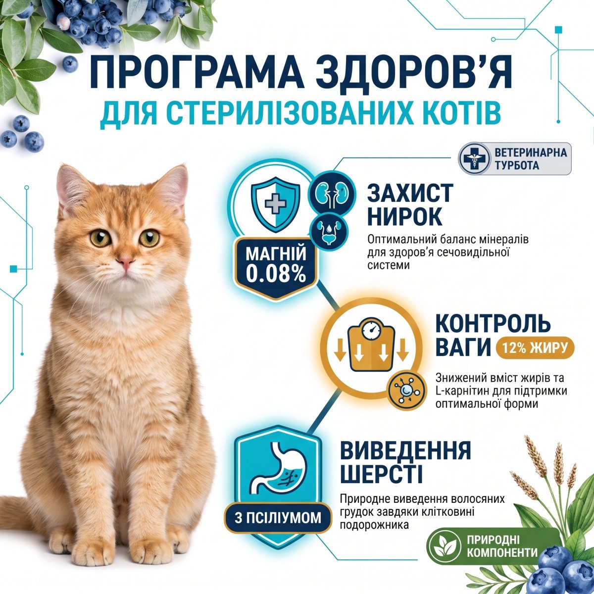 Інфографіка потрійної турботи: захист нирок, оптимізація ваги з L-карнітином та Hairball Control