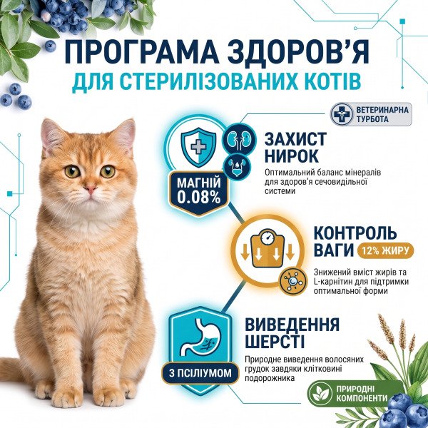 Інфографіка потрійної турботи: захист нирок, оптимізація ваги з L-карнітином та Hairball Control