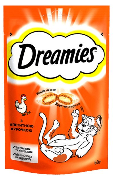 DREAMIES Ласощі Для Котів Хрусткі Подушечки Наповнені Паштетом З Куркою 60 Г
